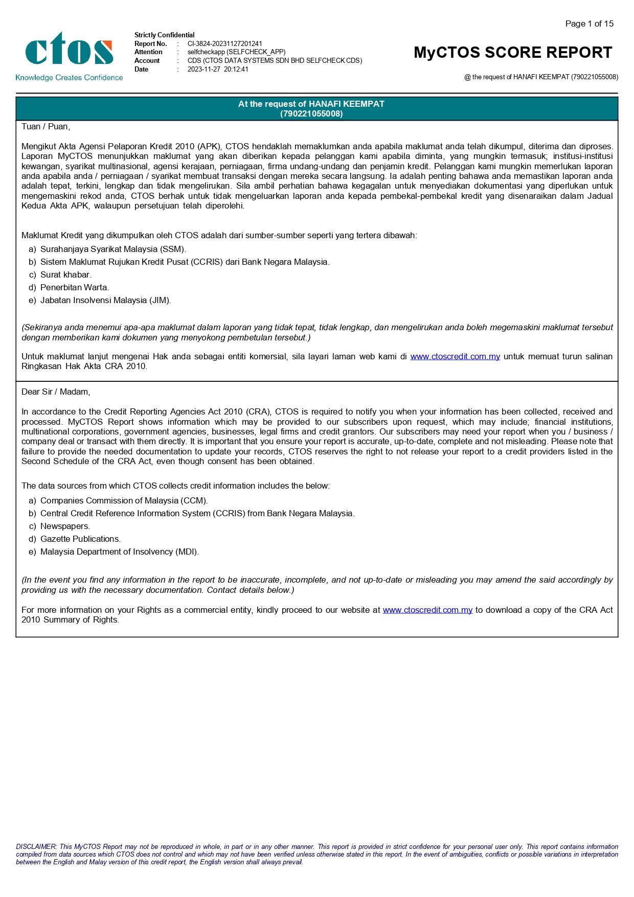 CTOS Credit Report — Page 1